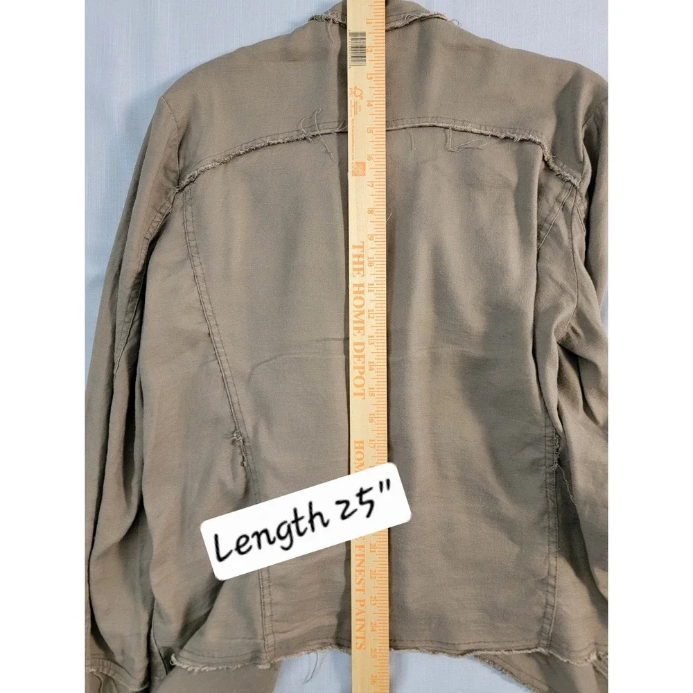 Free People Drape Front Raw Edge Linen Jacket Olive Taupe Large Boho